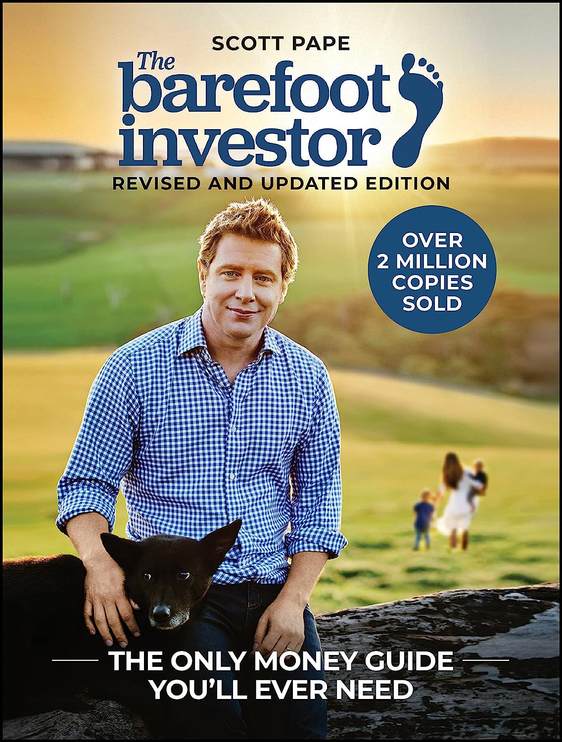 Cover of the book 'The Barefoot Investor' by Scott Pape, featuring a man in a blue checkered shirt sitting beside a black dog with a field and trees in the background.