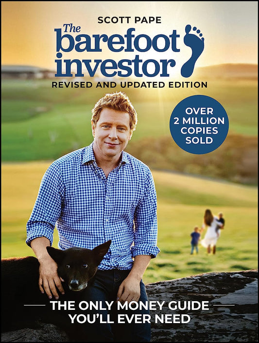 Cover of the book 'The Barefoot Investor' by Scott Pape, featuring a man in a blue checkered shirt sitting beside a black dog with a field and trees in the background.