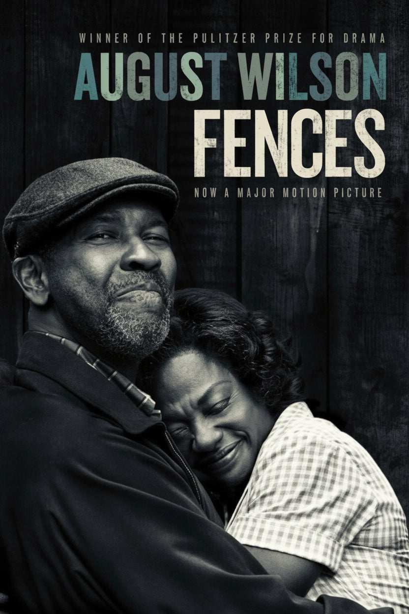 Poster for 'Fences: Movie Media Tie-In Edition [ISBN: 9780735216686]' by August Wilson featuring a couple embracing with text about the Pulitzer Prize and movie adaptation.