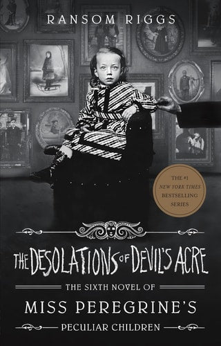 Book cover of 'The Desolations of Devil's Acre' featuring a monochrome image of a young boy in a suit sitting in a chair, with vintage decorations and photos in the background.