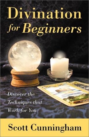 Book cover of 'Divination for Beginners' with a crystal ball, cards, and candle on a dark background.
