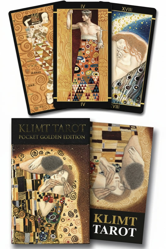 Klimt Tarot cards with cover and back view displayed