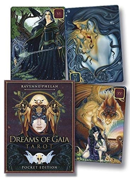 A promotional set of tarot cards titled 'Dreams of Gaia Tarot: Pocket Edition' by Ravynne Phelan. The set includes various cards each featuring mystical and nature-inspired artwork.