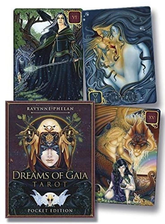 A promotional set of tarot cards titled 'Dreams of Gaia Tarot: Pocket Edition' by Ravynne Phelan. The set includes various cards each featuring mystical and nature-inspired artwork.