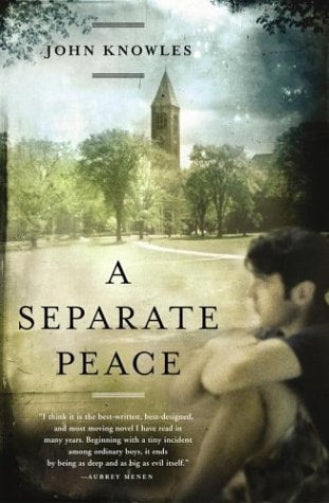 Book cover of 'A Separate Peace' by John Knowles with a person sitting on a bench and a school building in the background.