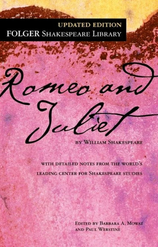 Cover of 'Romeo and Juliet' by William Shakespeare, with the title text in a cursive font over a pink and purple background, indicating it is part of the Folger Shakespeare Library edition.