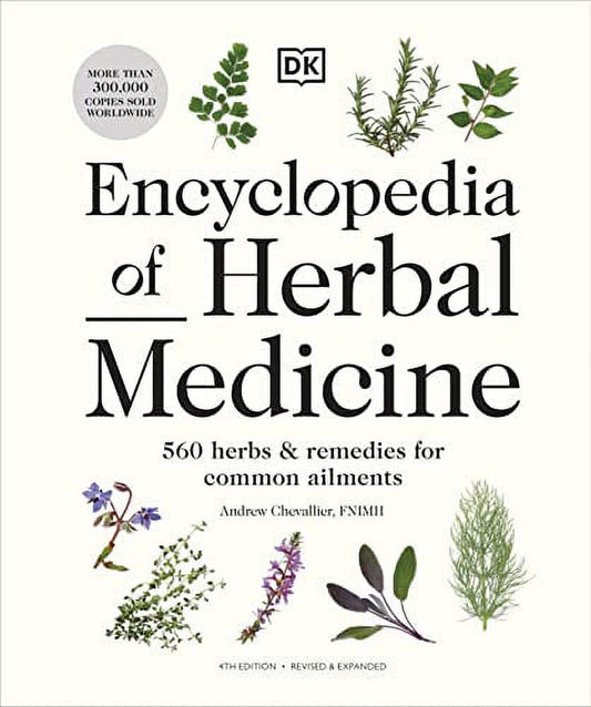 Cover of the book 'Encyclopedia of Herbal Medicine' showing a title and a list of herbs with corresponding illustrations.