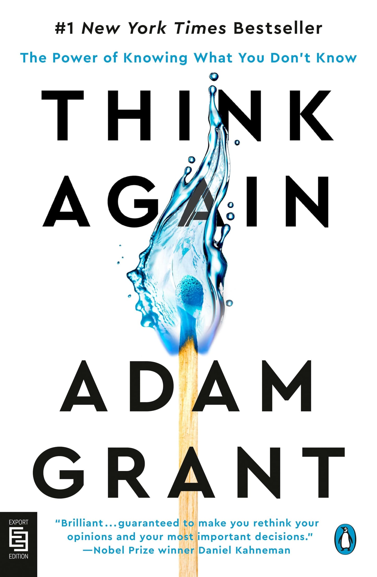 Cover of the book 'Think Again' by Adam Grant, featuring a design with water droplets and a blue splash against a white background.