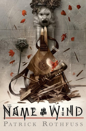 Book cover of 'The Name of the Wind' by Patrick Rothfuss featuring a decorative design with a lyre and leaves.
