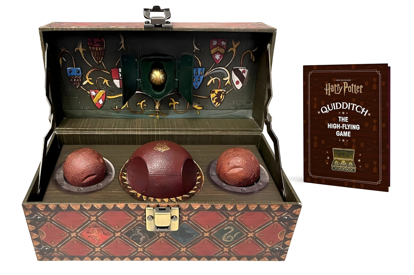 Harry Potter Quidditch set with three balls and a book on a white background