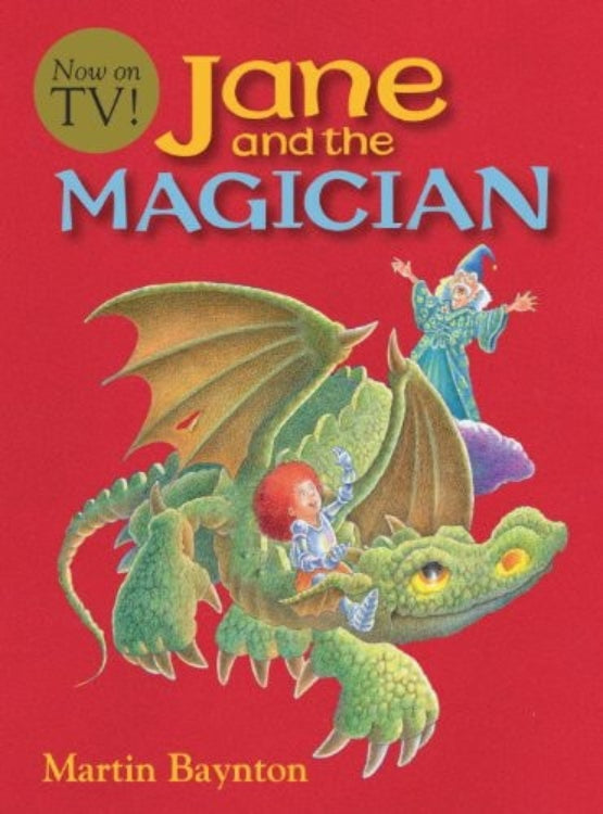 Book cover of 'Jane and the Magician' with a dragon and wizard illustration on a red background.