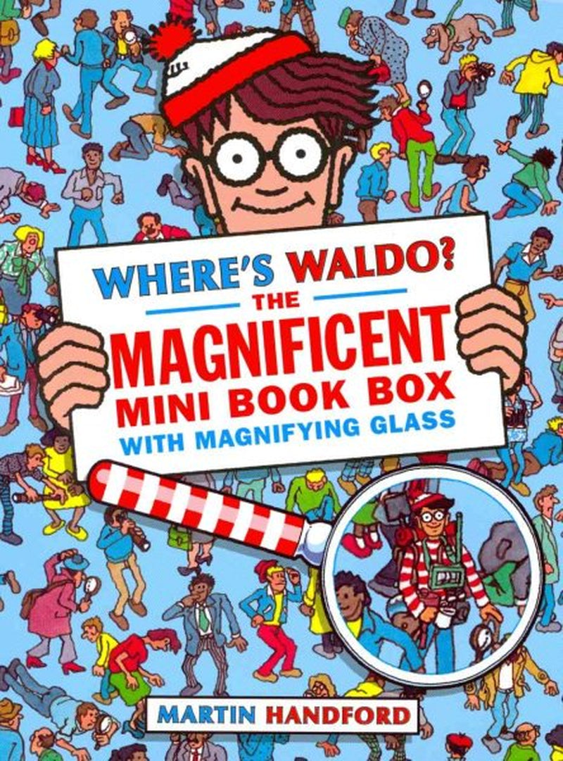 Cover of the book 'Where's Waldo? The Magnificent Mini Book Boxed Set with magnifying glass' featuring a cartoon illustration of the character Waldo holding a magnifying glass, surrounded by various colorful characters in a busy scene.