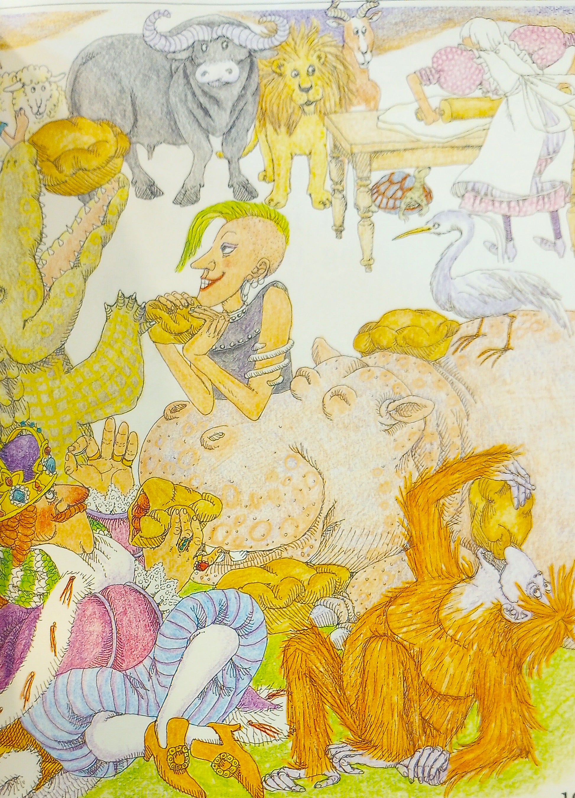 Colorful illustration of a person surrounded by various animals in a whimsical setting.