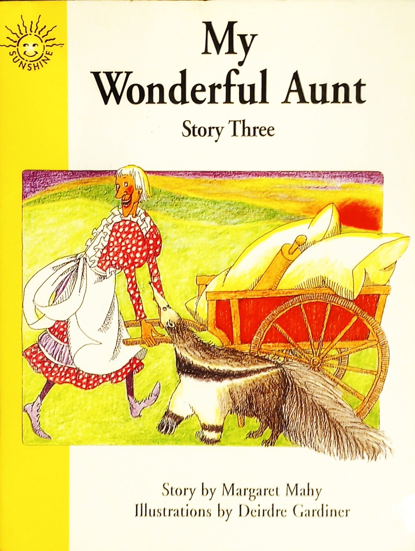 Book cover of 'My Wonderful Aunt Story Three' with illustrations of a woman, a dog, and a wagon.
