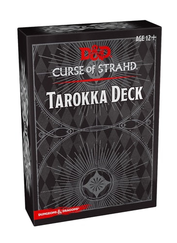 Card game box for 'Curse of Strahd Tarokka Deck' with a black and white design.