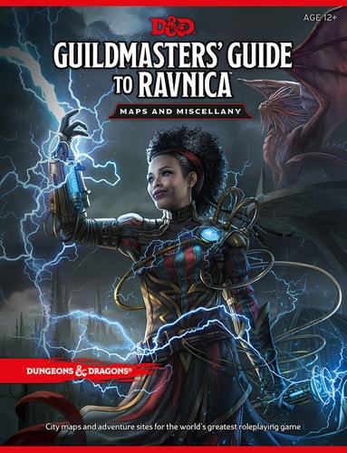 Cover of 'Guildmasters' Guide to Ravnica' with a character in fantasy armor and lightning effects.