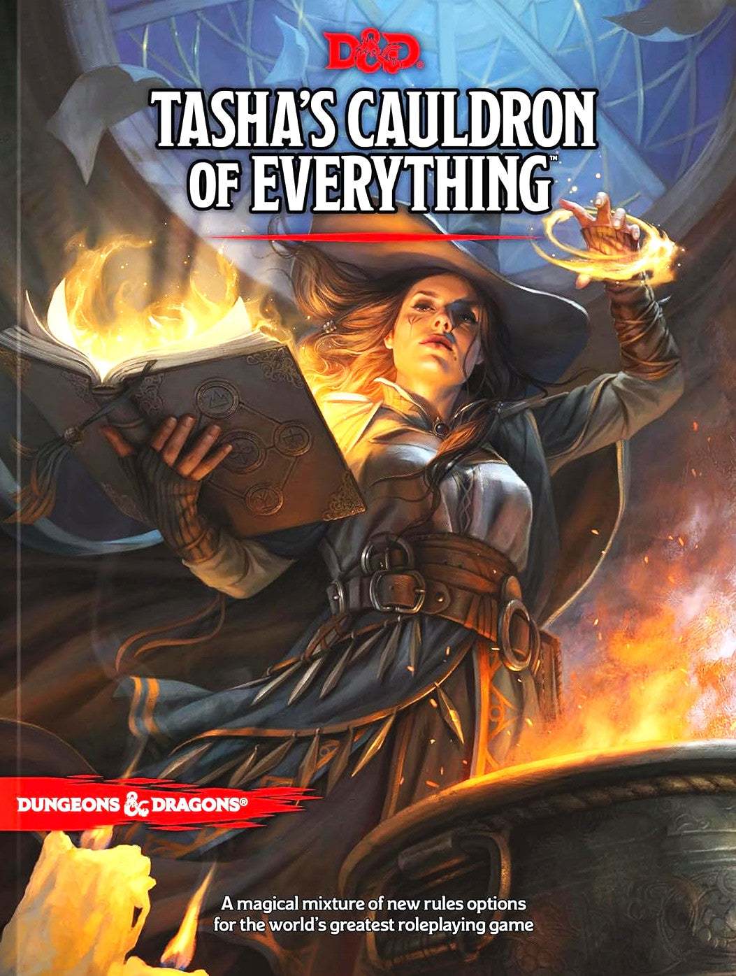 D&D Guidebook titled 'Tasha's Cauldron of Everything' for Dungeons & Dragons with a character holding a book and casting a spell on the cover.