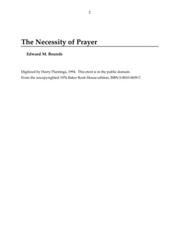 Title page of a book titled 'The Necessity of Prayer' by Edward M. Bounds