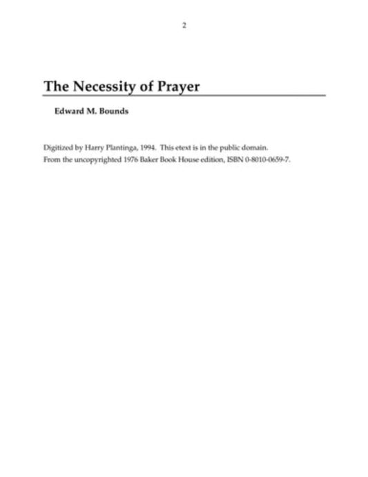 Title page of a book titled 'The Necessity of Prayer' by Edward M. Bounds