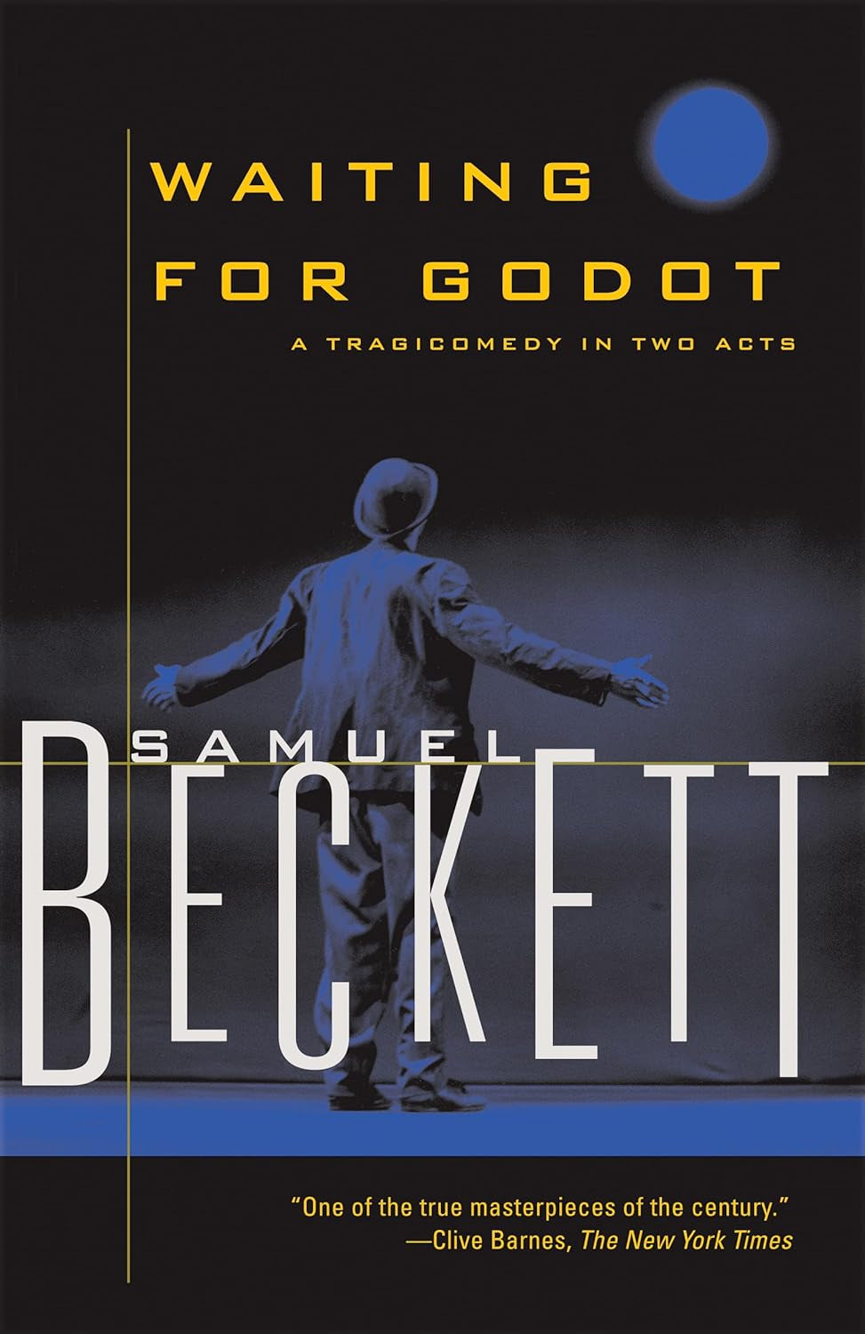 Cover of the book 'Waiting for Godot: A Tragicomedy in Two Acts' by Samuel Beckett, featuring a black and blue design with the author's name in large white font.