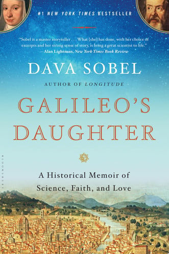 Book cover of 'Galileo's Daughter' by Dava Sobel, featuring a blue starry sky with portraits at the top, large orange title text, and an illustrated cityscape at the bottom.