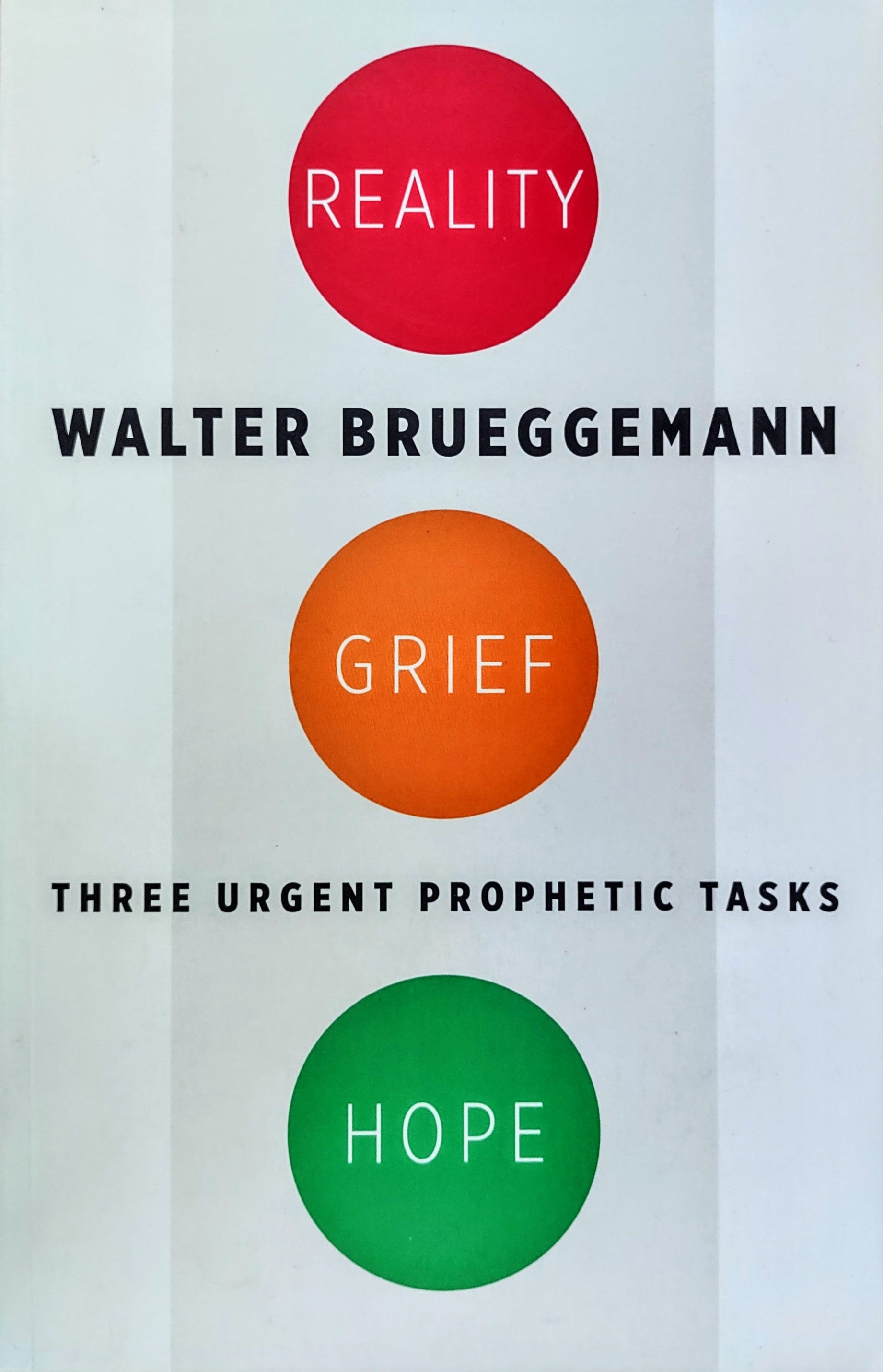 Book cover for 'Reality, Grief, Hope: Three Urgent Prophetic Tasks' by Walter Brueggemann, featuring three colored circles in red, orange, and green with the words 'REALITY', 'GRIEF', and 'HOPE' on a light gray background.