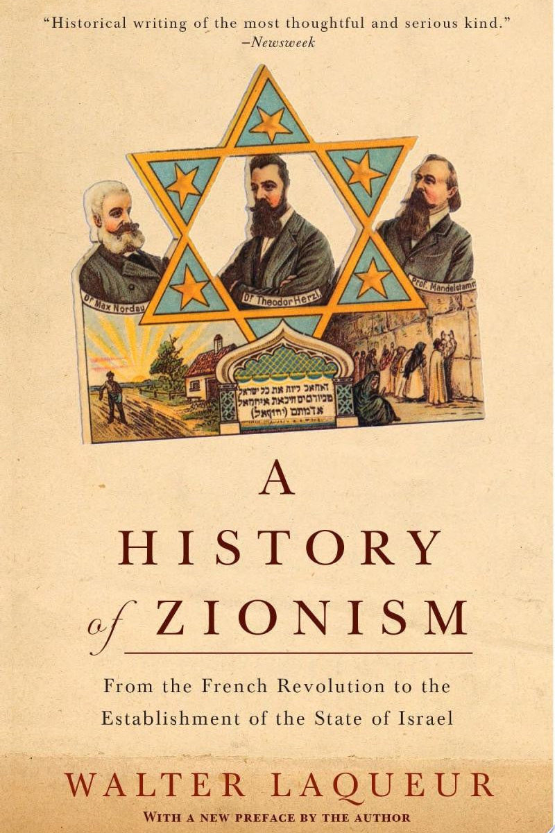 Book cover of 'A History of Zionism' by Walter Laqueur, featuring a vintage-style illustration of three men under a Star of David on a warm beige background.