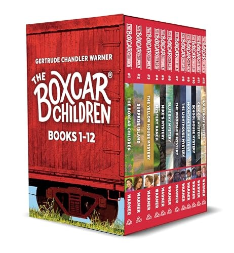 A boxed set of 'The Boxcar Children' books, featuring illustrations of the main characters and various mystery scenes.