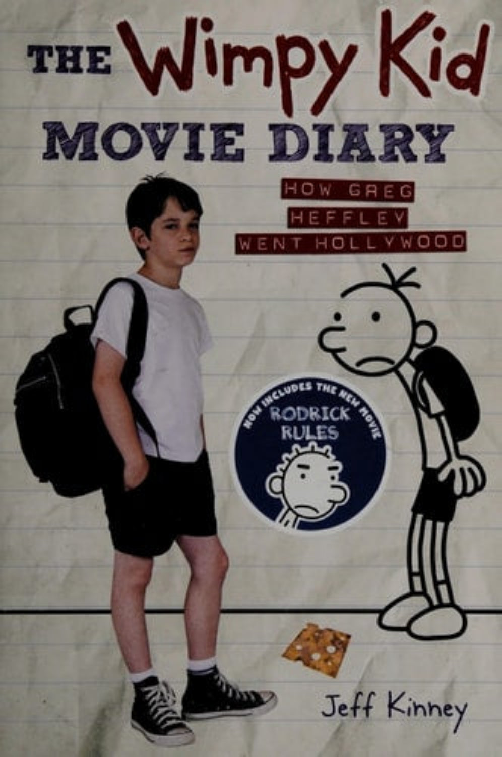 Book cover of 'The Wimpy Kid Movie Diary: How Greg Heffley Went Hollywood' by Jeff Kinney with a boy and cartoon character on a wooden floor background.