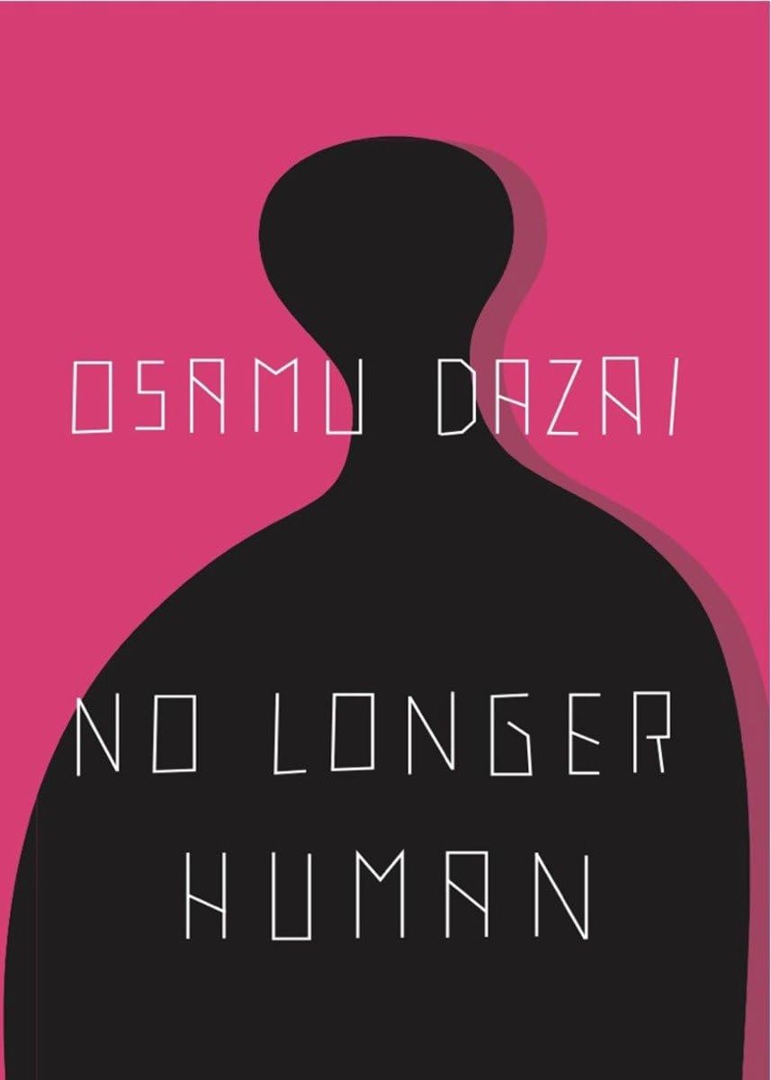 This image features the cover of Osamu Dazai's novel "No Longer Human." The design is minimalist, utilizing a bold pink background with a contrasting black silhouette of a man's profile.