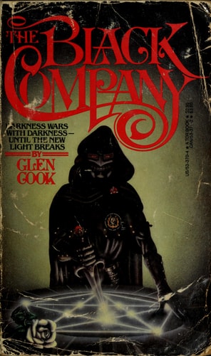 Book cover of 'The Black Company' by Glen Cook with a hooded figure and red text.