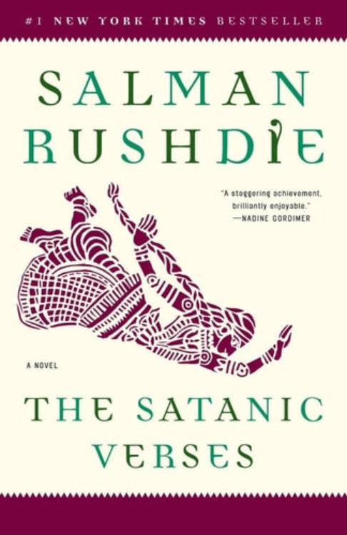 This image features the cover of Salman Rushdie's novel, "The Satanic Verses." The cover design is striking with a vivid, intricate pattern in a purple hue, creating a visual impact that complements the novel’s controversial and acclaimed nature.