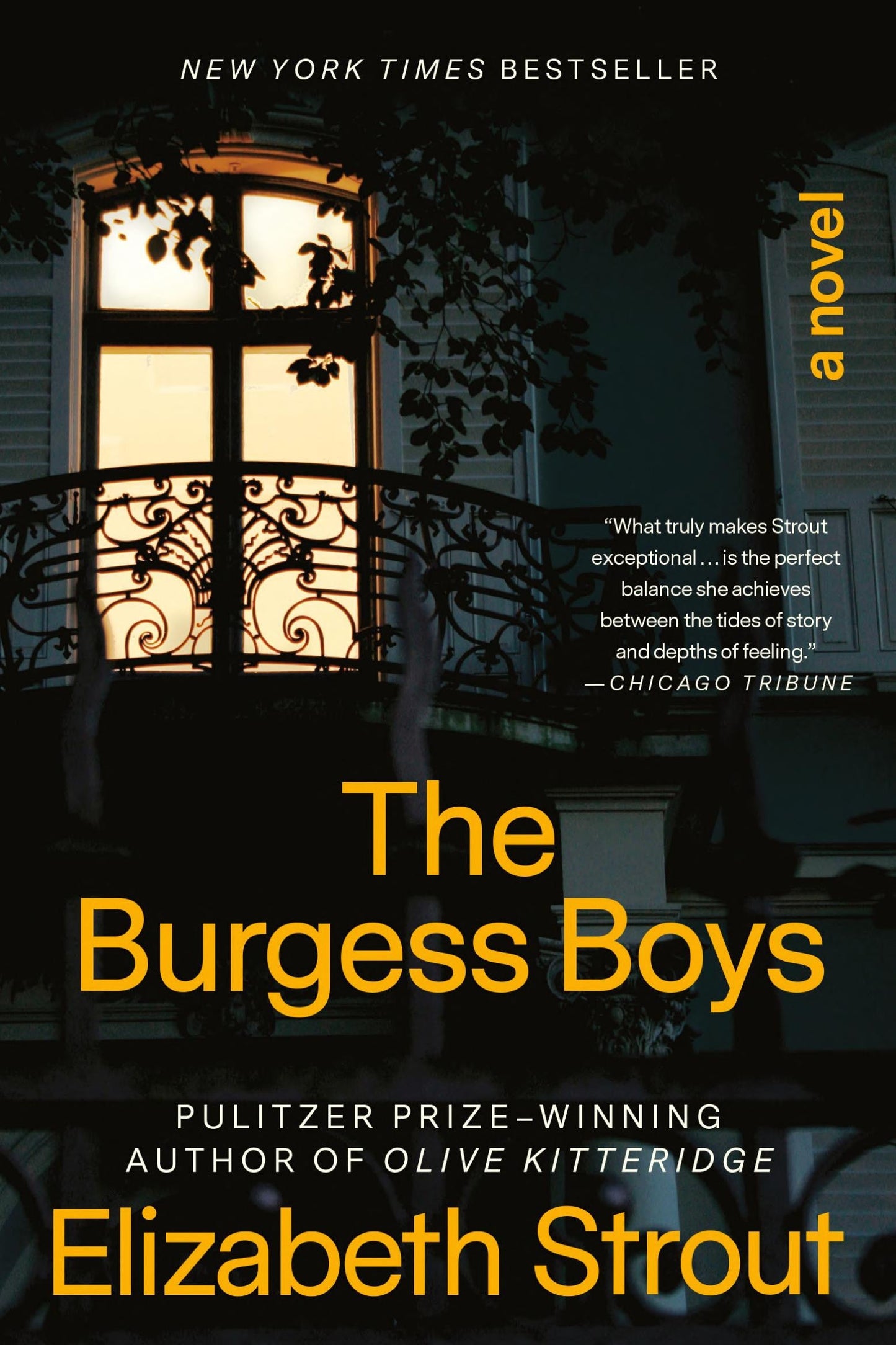 Book cover for the novel 'The Burgess Boys' by Elizabeth Strout, featuring a dark house exterior at dusk with a glowing window and large yellow title and author text.