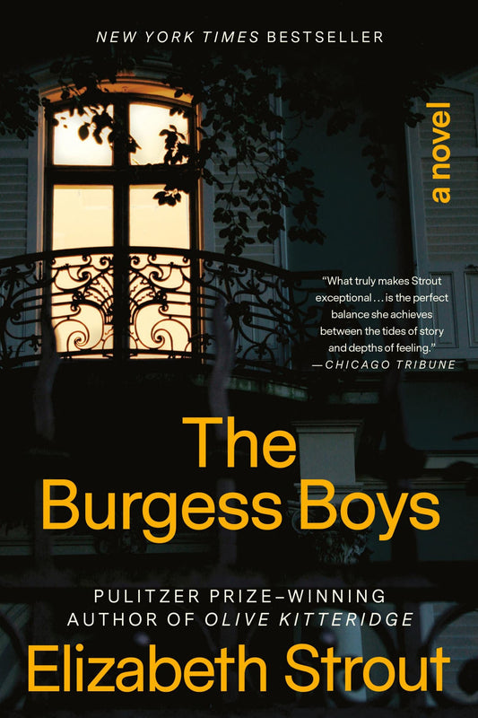 Book cover for the novel 'The Burgess Boys' by Elizabeth Strout, featuring a dark house exterior at dusk with a glowing window and large yellow title and author text.