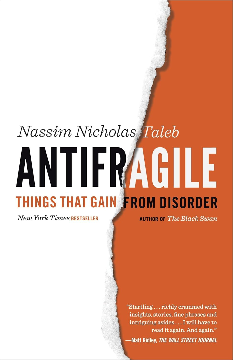 The image shows the cover of the book 'Antifragile: Things That Gain from Disorder' by Nassim Nicholas Taleb. The cover features a white background with a black and orange design, and the title is prominently displayed along with the author's name.