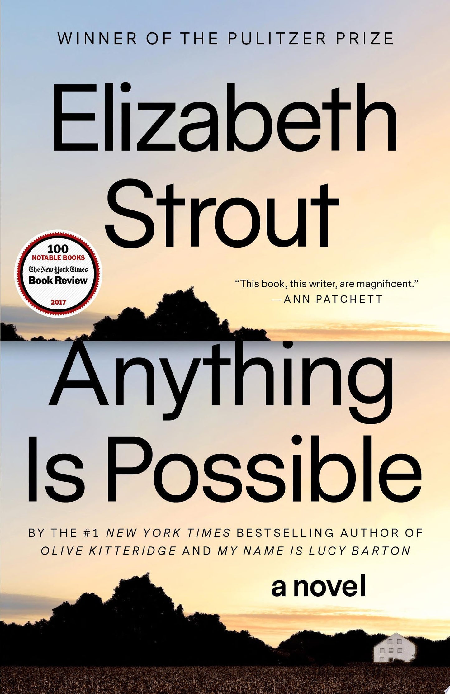 Book cover of 'Anything Is Possible' by Elizabeth Strout with a sunset over water and silhouette of trees.