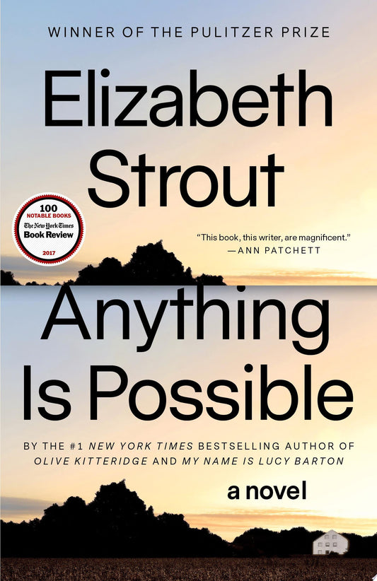 Book cover of 'Anything Is Possible' by Elizabeth Strout with a sunset over water and silhouette of trees.