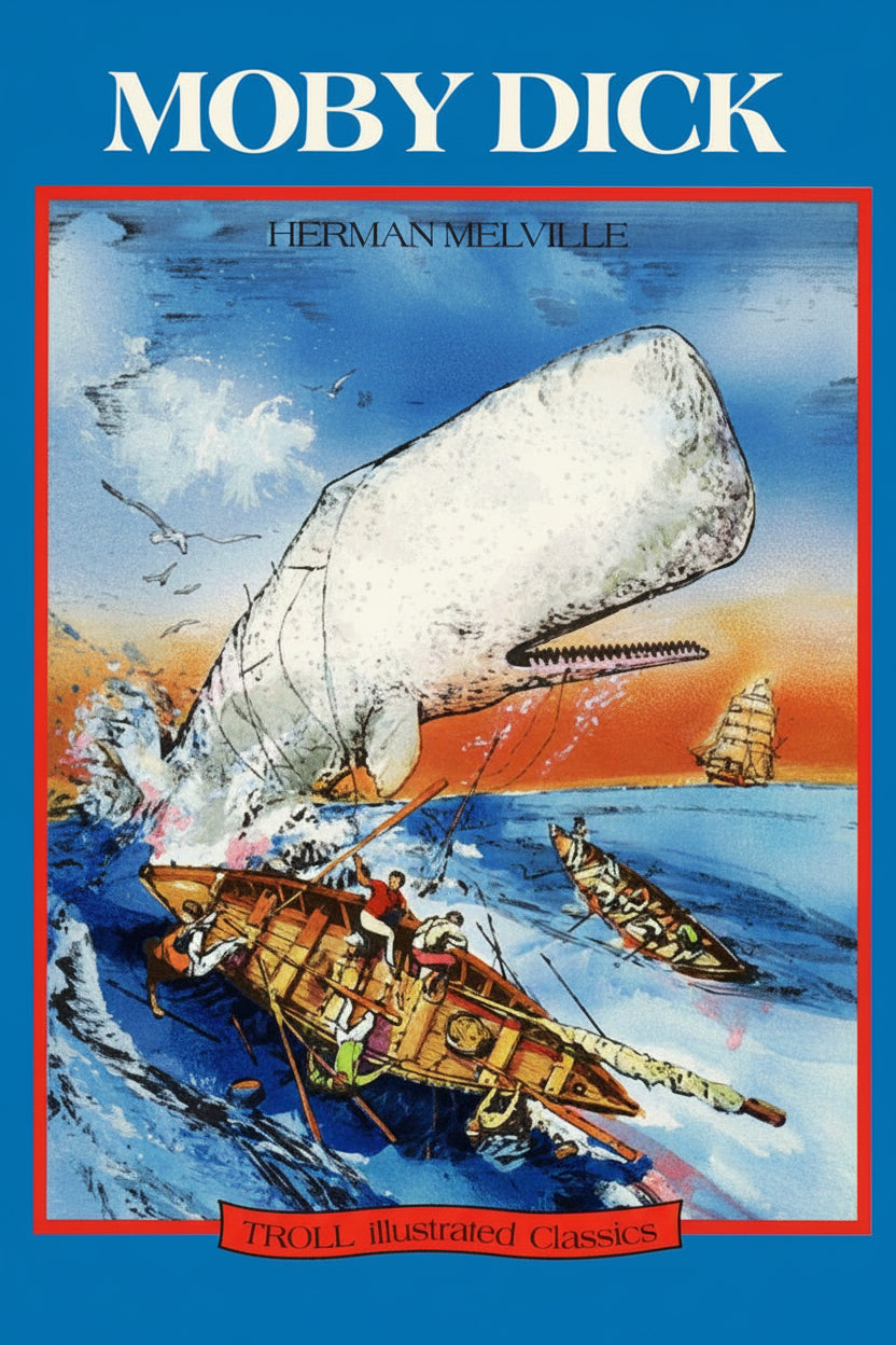 Book cover of 'Moby Dick' by Herman Melville with a whale and ship illustration.