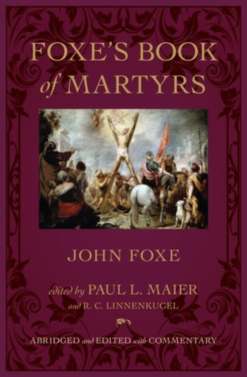 Book cover of 'Foxe's Book of Martyrs' with a historical illustration on a purple background