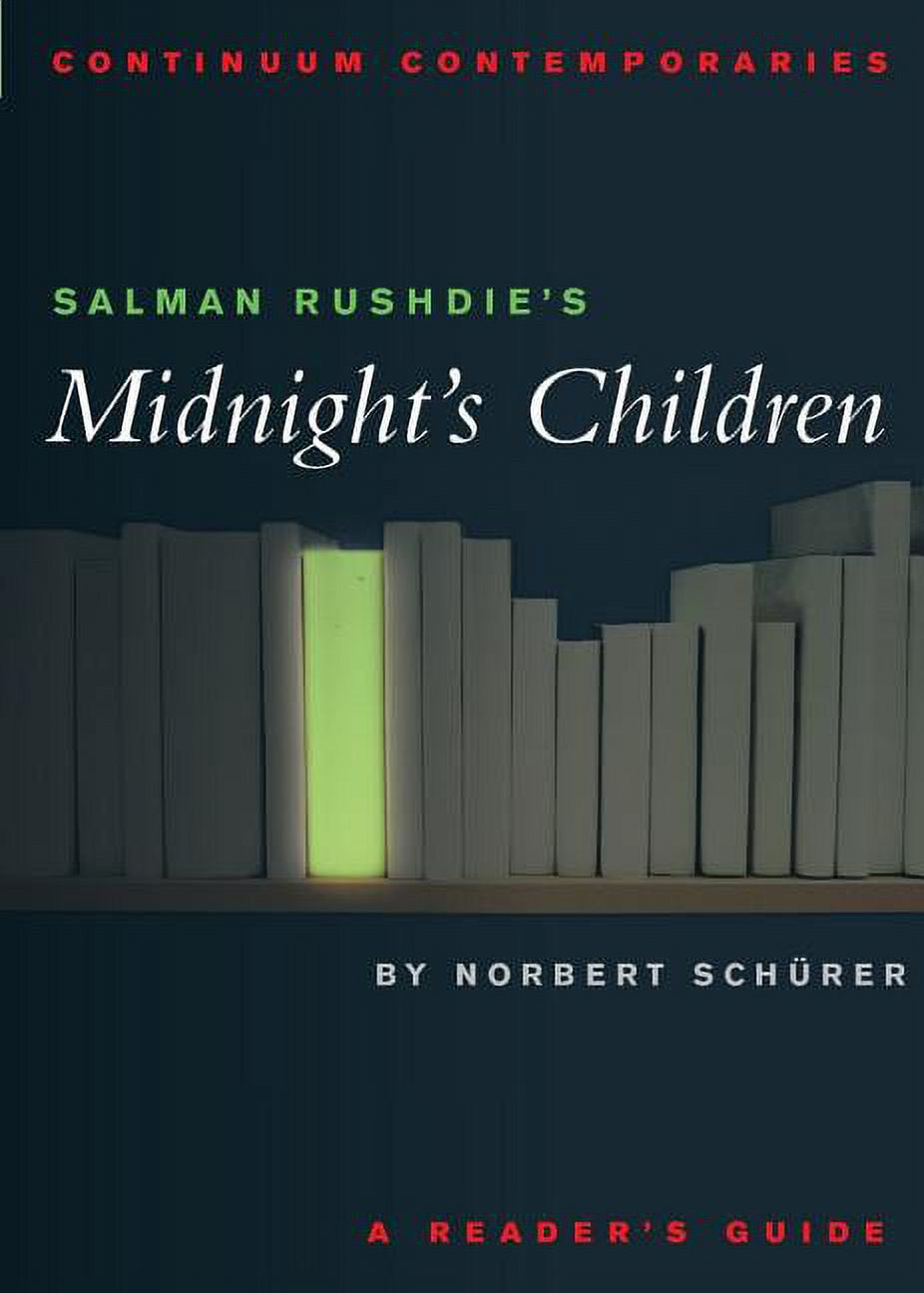Cover of the book 'Midnight's Children' by Salman Rushdie, published as part of the 'Continuum Contemporaries' series. The cover features a dark, abstract image with white and green geometric shapes, and text.
