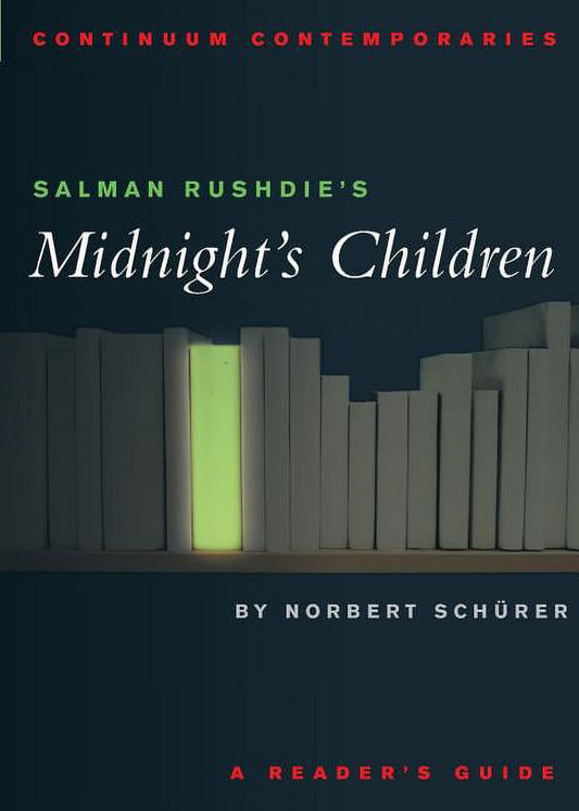 Cover of the book 'Midnight's Children' by Salman Rushdie, published as part of the 'Continuum Contemporaries' series. The cover features a dark, abstract image with white and green geometric shapes, and text.