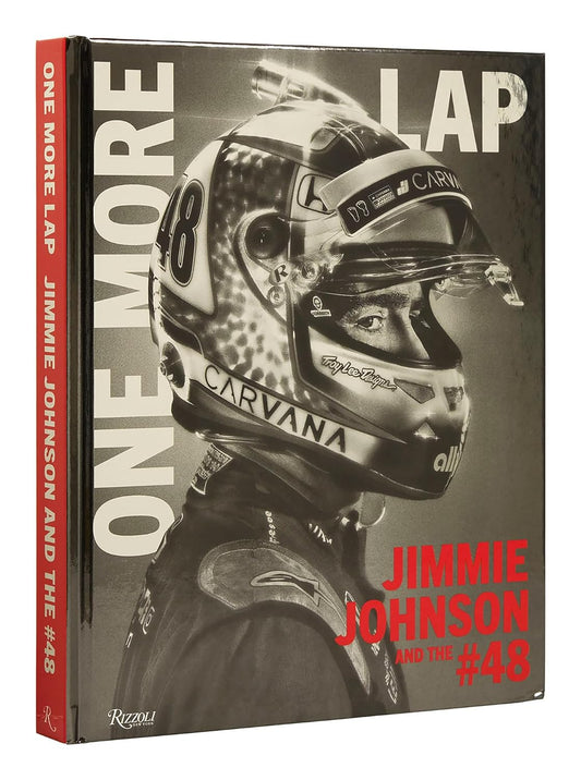Book cover featuring a black and white image of Jimmie Johnson, a NASCAR race-car driver, with the title text "One More Lap: Jimmie Johnson and the #48 (ISBN: 9780847872015)" by Jimmie Johnson with Ivan Shaw and Michael Jordan.