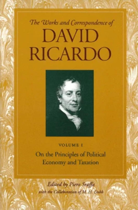 Book cover of 'The Works and Correspondence of David Ricardo' with a portrait on a decorative background