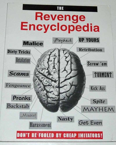Cover of 'The Revenge Encyclopedia' with a brain illustration and various revenge-related terms.