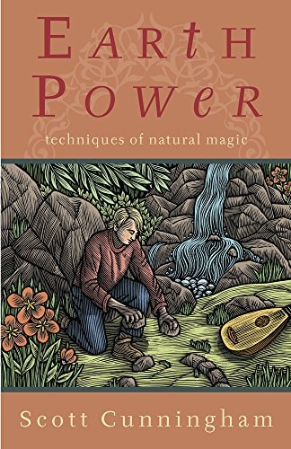 The cover of the book 'Earth Power: Techniques of Natural Magic' by Scott Cunningham, featuring an illustration of a person engaging in outdoor activities with nature.