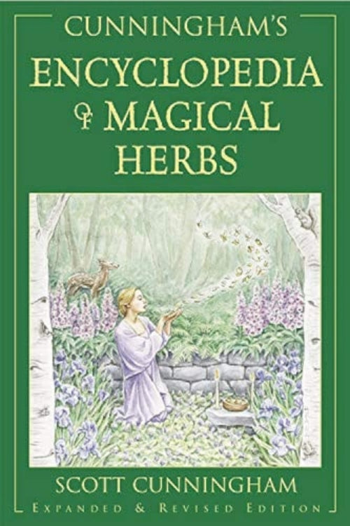 Cover of Cunningham's Encyclopedia of Magical Herbs featuring an illustration of a person in a garden with various herbs.