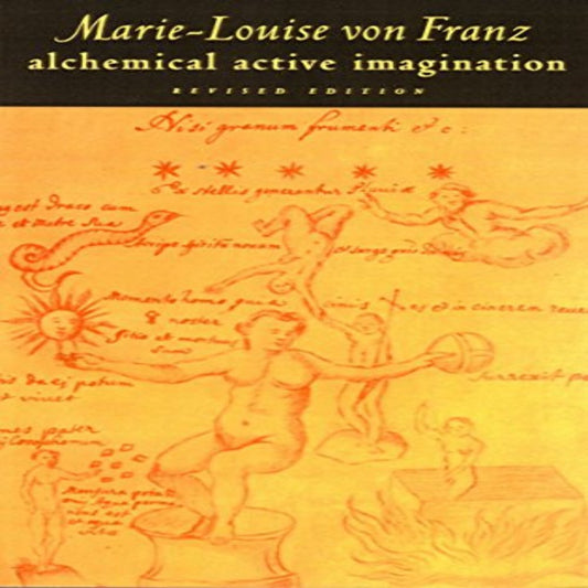 Book cover of 'Alchemical Active Imagination' by Marie-Louise von Franz featuring illustrations in red and gold tones with various symbols and diagrams related to alchemy and psychology.