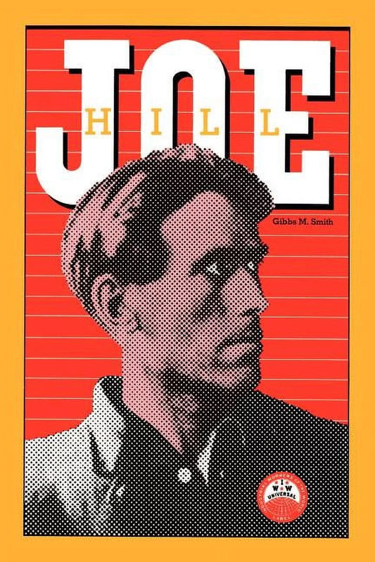 Cover of the book 'Joe Hill' featuring an illustration of Joe Hill with a red and yellow background, and a small emblem-like symbol to the bottom right.