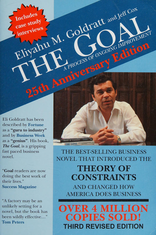 Book cover of 'The Goal' by Eliyahu M. Goldratt and Jeff Cox with a blue background and text.