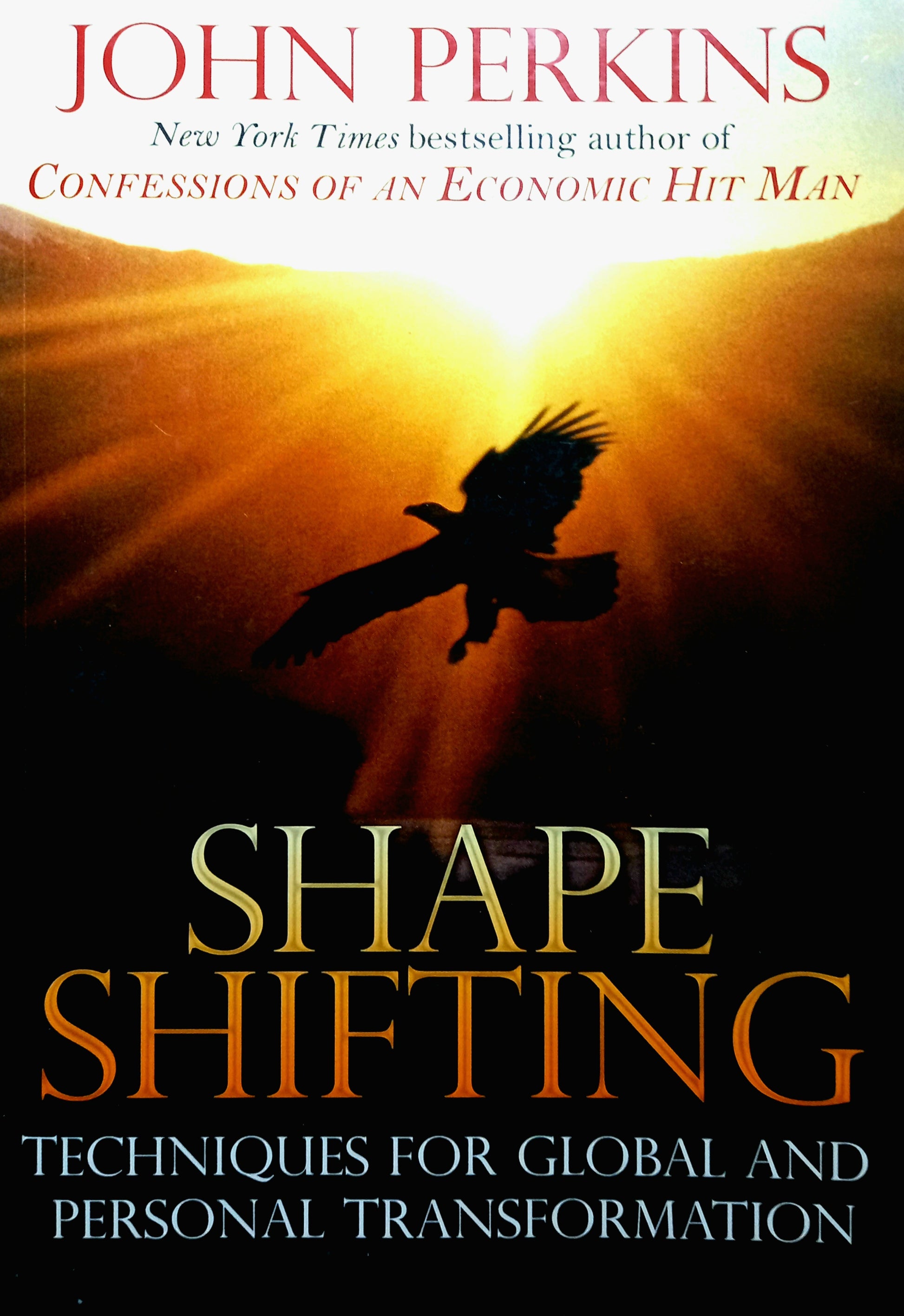 The cover of the book 'Shapeshifting: Techniques for Global and Personal Transformation' by John Perkins features a bird in flight against a sunset background, symbolizing the book's theme of spirituality and transformation.